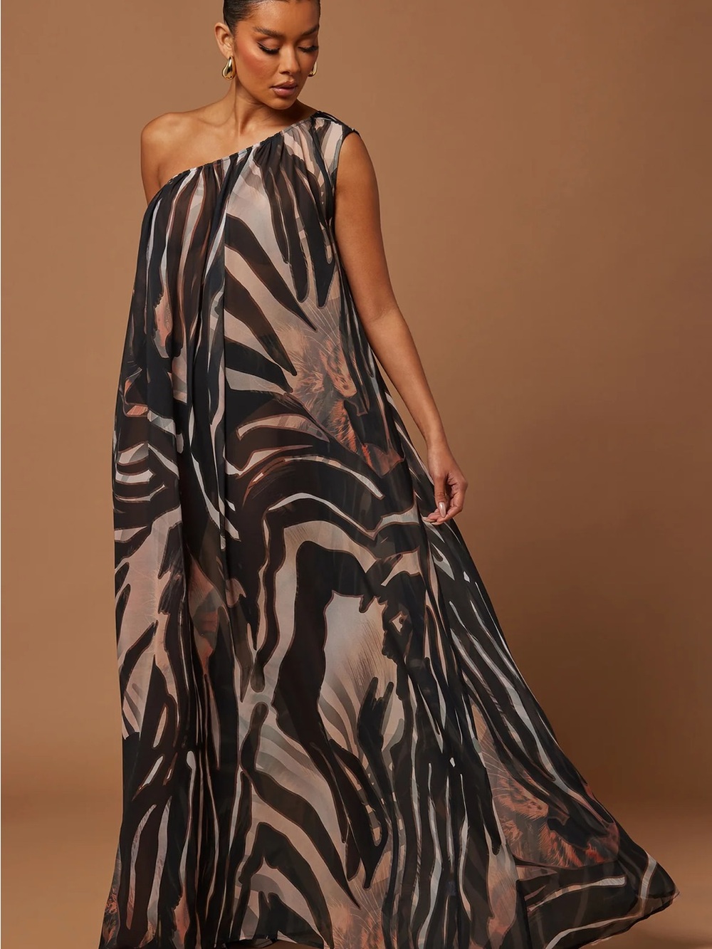 One-Shoulder Zebra-Print Maxi Dress in Black and Brown